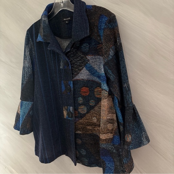 Damee PL Blue/Colorful Big Button 3/4 Bell Sleeves Artsy, Boho Jacket - Picture 9 of 14